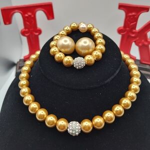 Elegant Gold Faux Glass Pearl Jewelry Set Includes Clip Japan Earrings